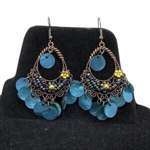 Boho Chic Bronze Filigree Beaded Sequins Turquoise Copper Drop Earrings